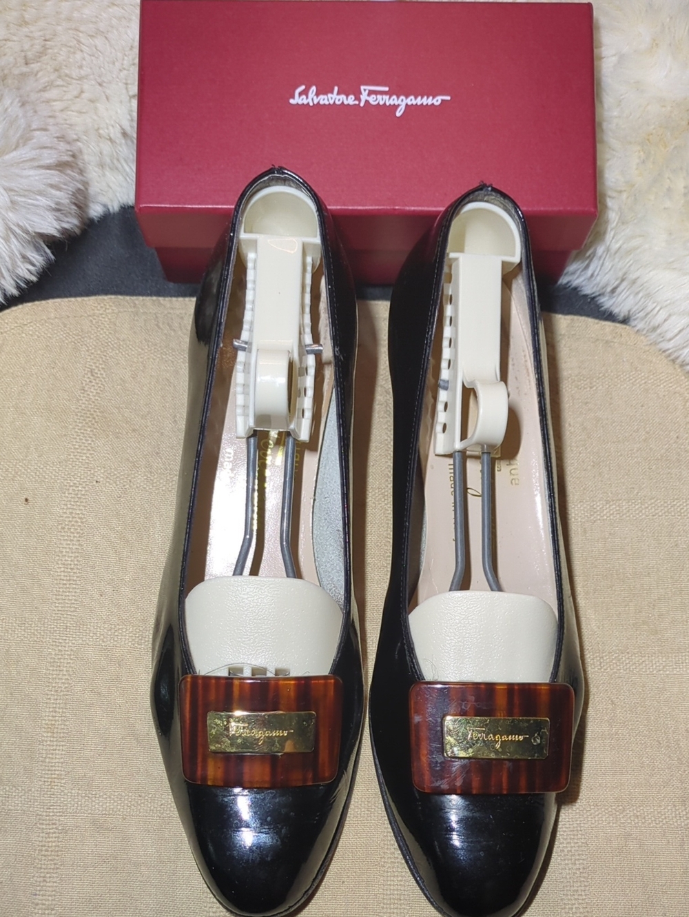 VintageSalvatore Ferragamo Black Patent Leather Ivory Accent Loafers NOW $45 WOW